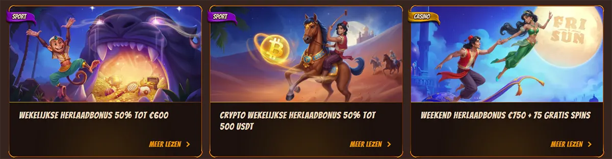 Dutch casino promotions section with three featured cards for a weekly reload bonus up to €600, a crypto weekly reload bonus up to 500 USDT, and a weekend reload bonus of €750 plus 75 free spins, illustrated with fantasy-themed artwork and call-to-action links.