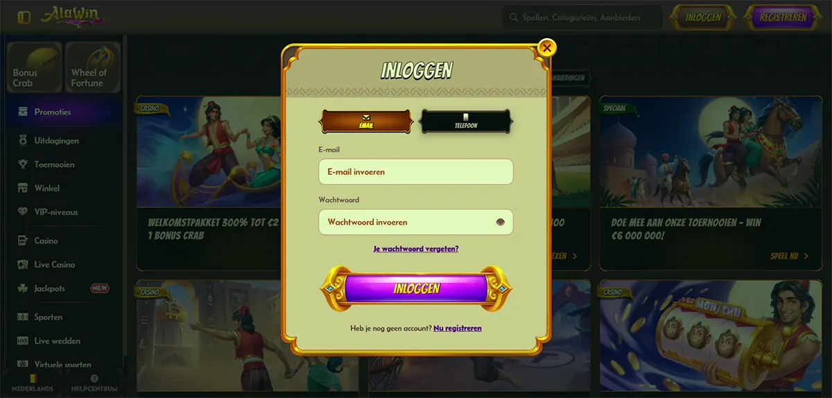 Dutch online casino login popup with email and phone tabs, e-mail and password fields, a forgotten password link, and a purple “Inloggen” button over a dimmed casino homepage background.